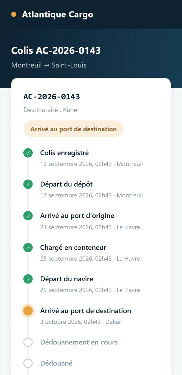 Page de suivi d'un colis sur téléphone, étape par étape